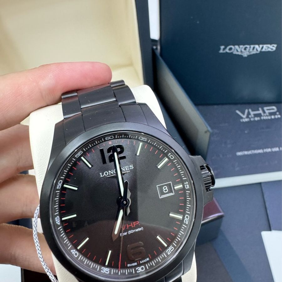 Longines 黑鋼錶殼 表帶 高精準石英錶 個性黑色錶盤-5