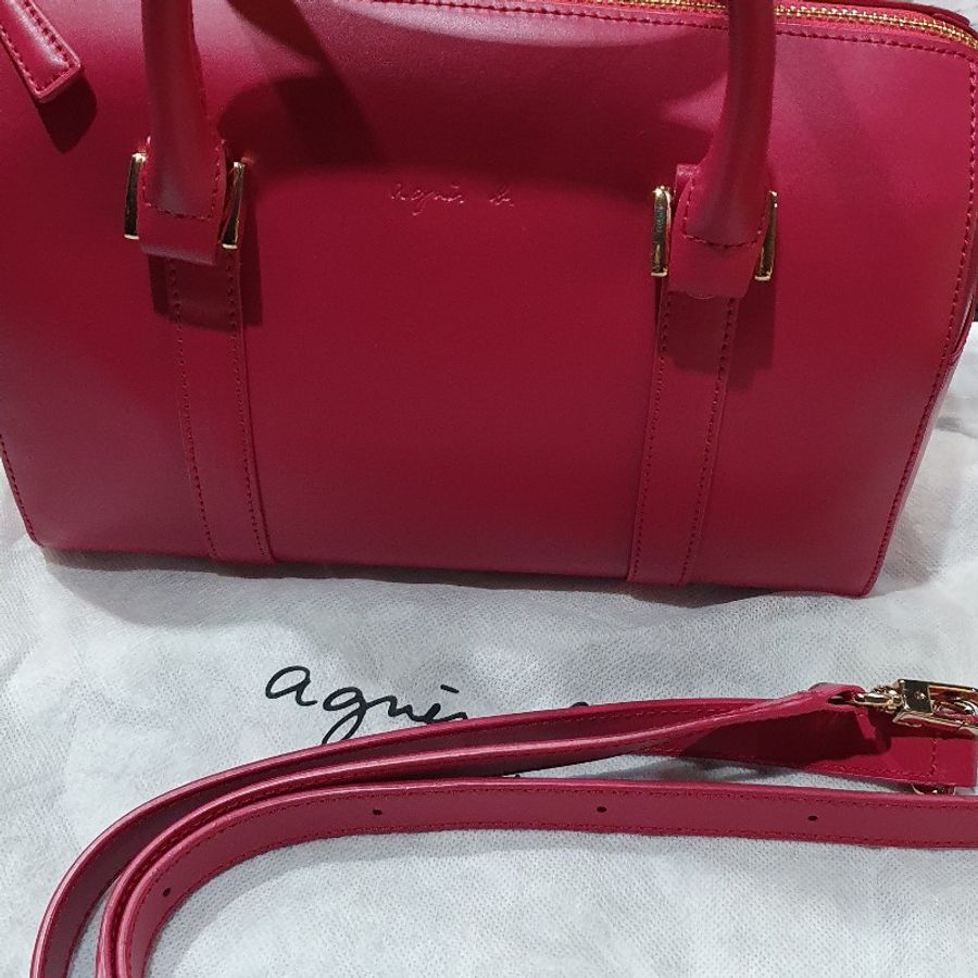 agnes b.New York 玫紅牛皮波士頓包(手提/肩背/斜背)-1