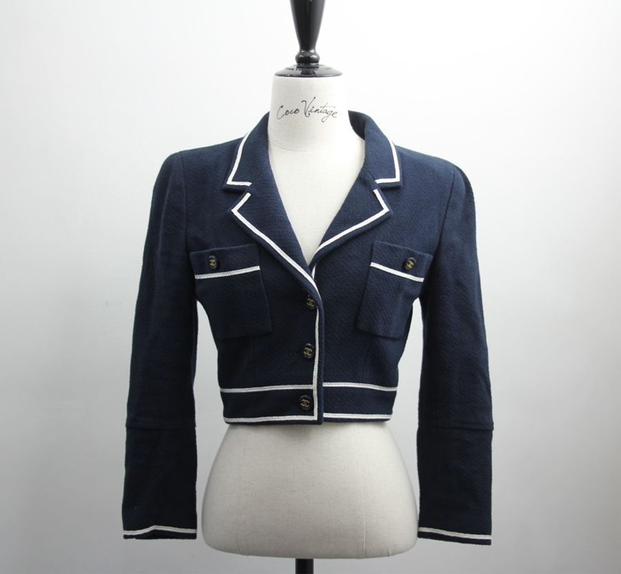 Chanel Vintage 95P 100%棉質海軍藍+白色秋冬短款外套Jacket (Size 38)-0
