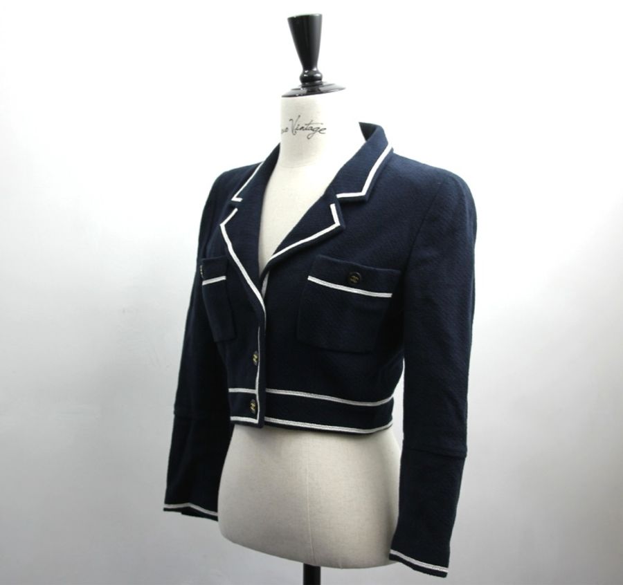 Chanel Vintage 95P 100%棉質海軍藍+白色秋冬短款外套Jacket (Size 38)-1