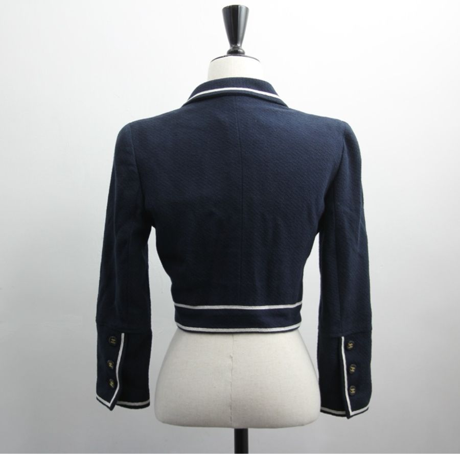 Chanel Vintage 95P 100%棉質海軍藍+白色秋冬短款外套Jacket (Size 38)-2