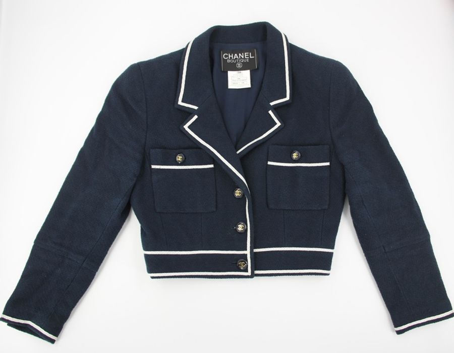 Chanel Vintage 95P 100%棉質海軍藍+白色秋冬短款外套Jacket (Size 38)-3