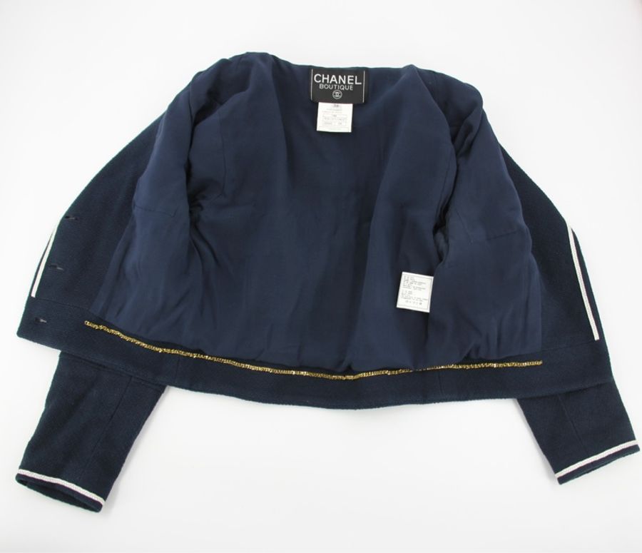 Chanel Vintage 95P 100%棉質海軍藍+白色秋冬短款外套Jacket (Size 38)-10