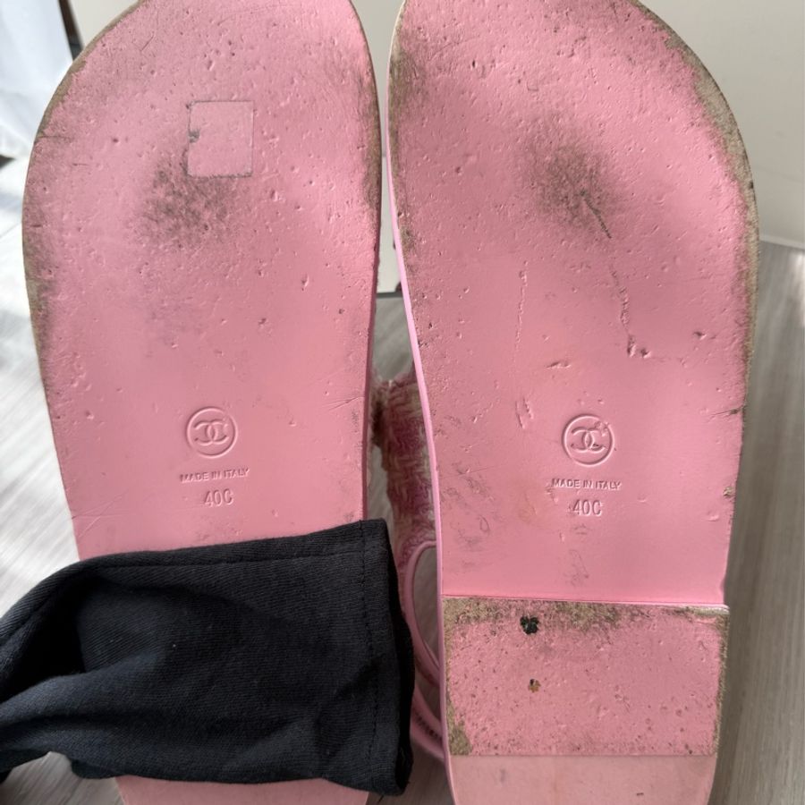 CHANEL 粉色格紋毛呢涼鞋 40號-10