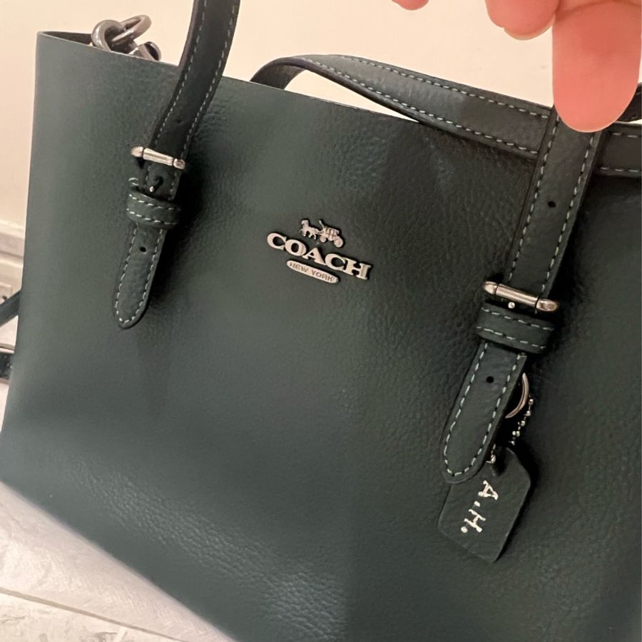 Coach 肩側背包 墨綠色皮革包 有黃色夾層-1