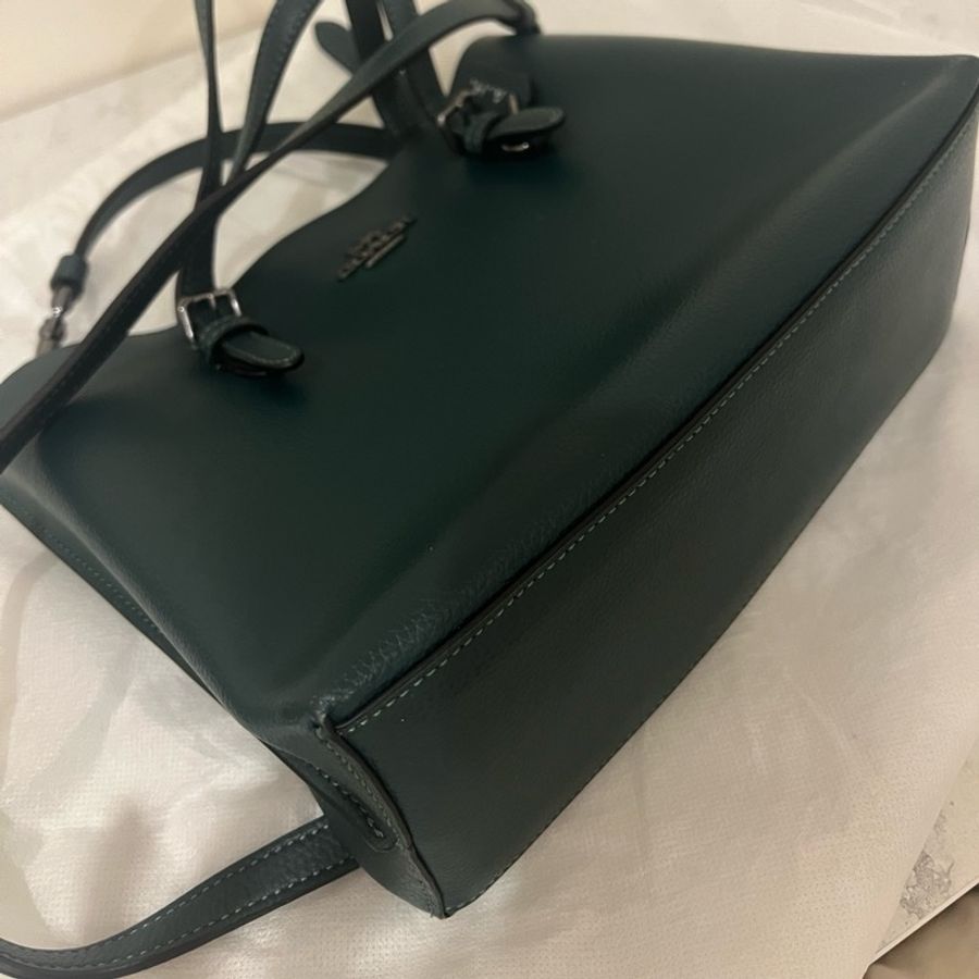 Coach 肩側背包 墨綠色皮革包 有黃色夾層-3