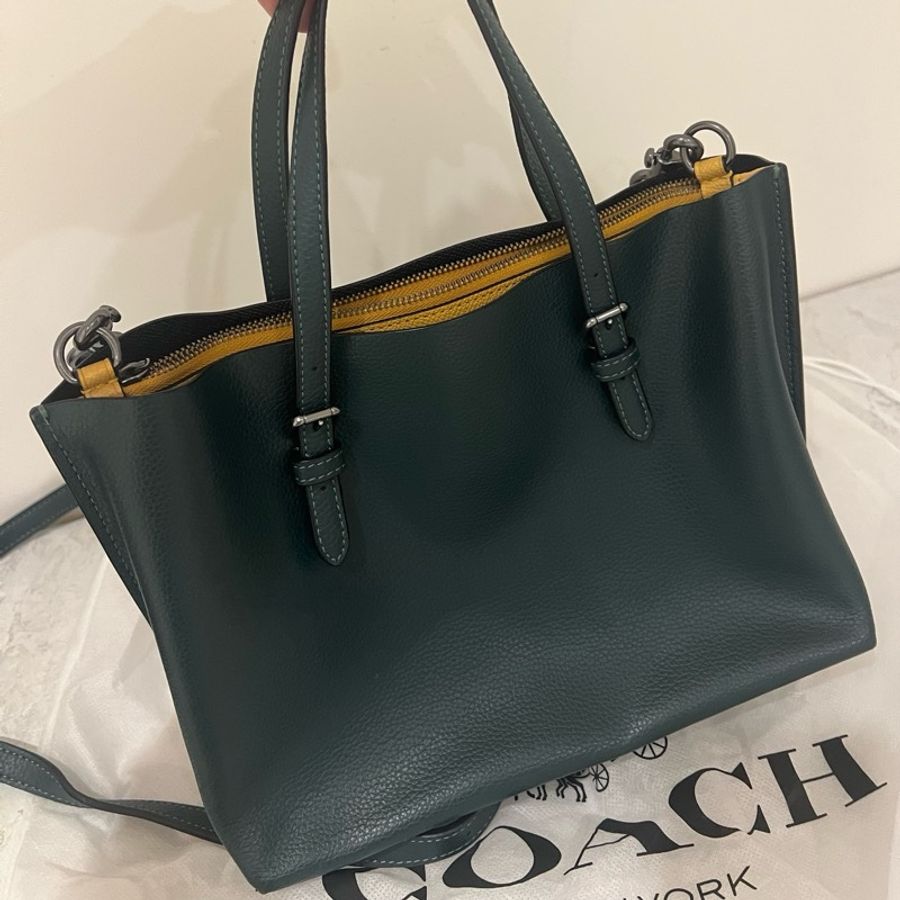 Coach 肩側背包 墨綠色皮革包 有黃色夾層-6