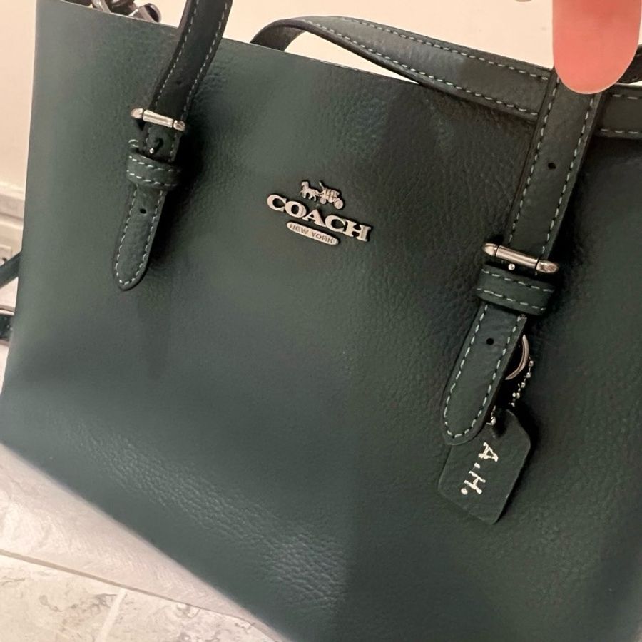 Coach 肩側背包 墨綠色皮革包 有黃色夾層-13
