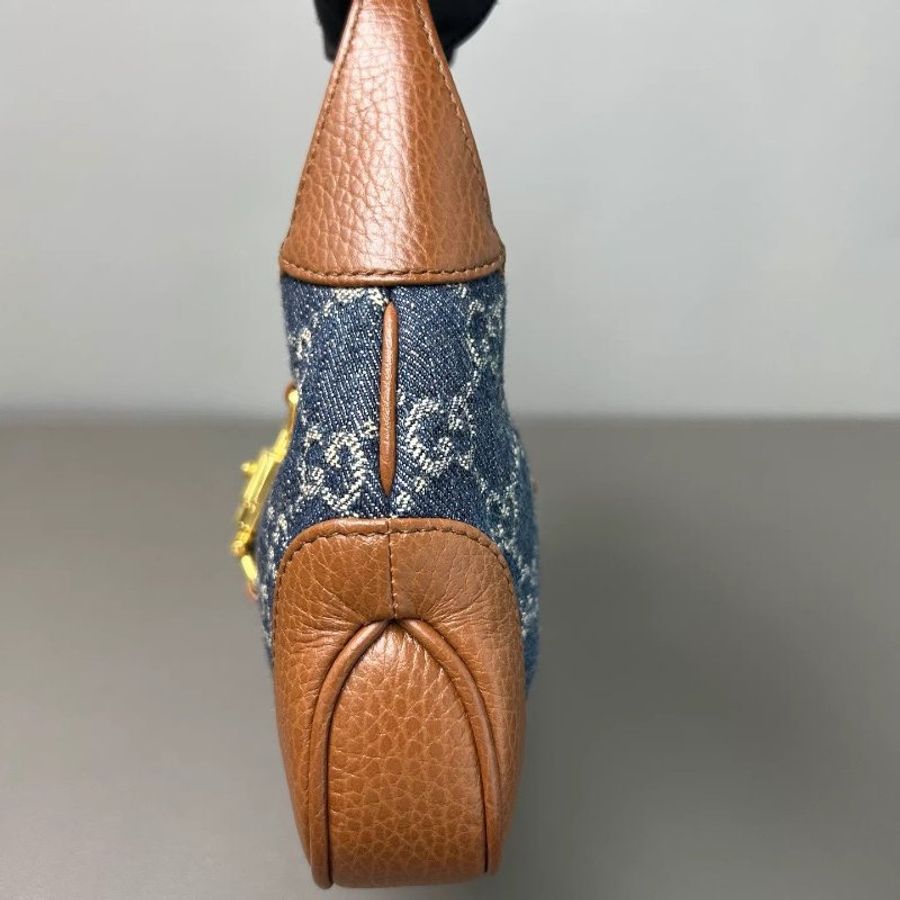 古馳/Gucci 牛仔拼皮Jackie 1961系列丹寧藍色老花腋下包單肩包 金色五金 肩帶可拆卸 容量足夠日常 百搭款美炸天 附件：肩帶 尺寸：19*3.4*13CM-2