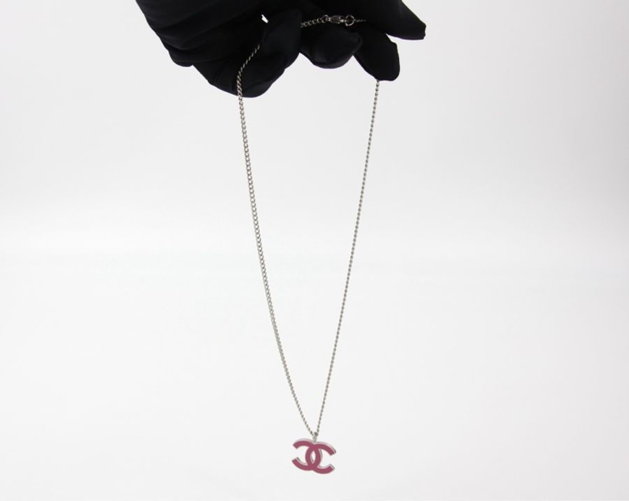 Chanel Vintage 04P 琺瑯桃紅色CC銀鏈-8
