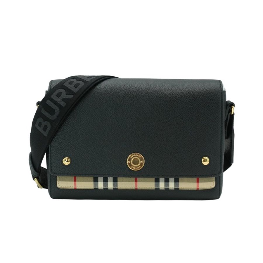 Burberry 展示品 Vintage 格纹拼皮革 Note 斜背包-中款(8021110-黑)-0