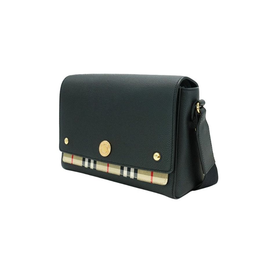 Burberry 展示品 Vintage 格纹拼皮革 Note 斜背包-中款(8021110-黑)-1