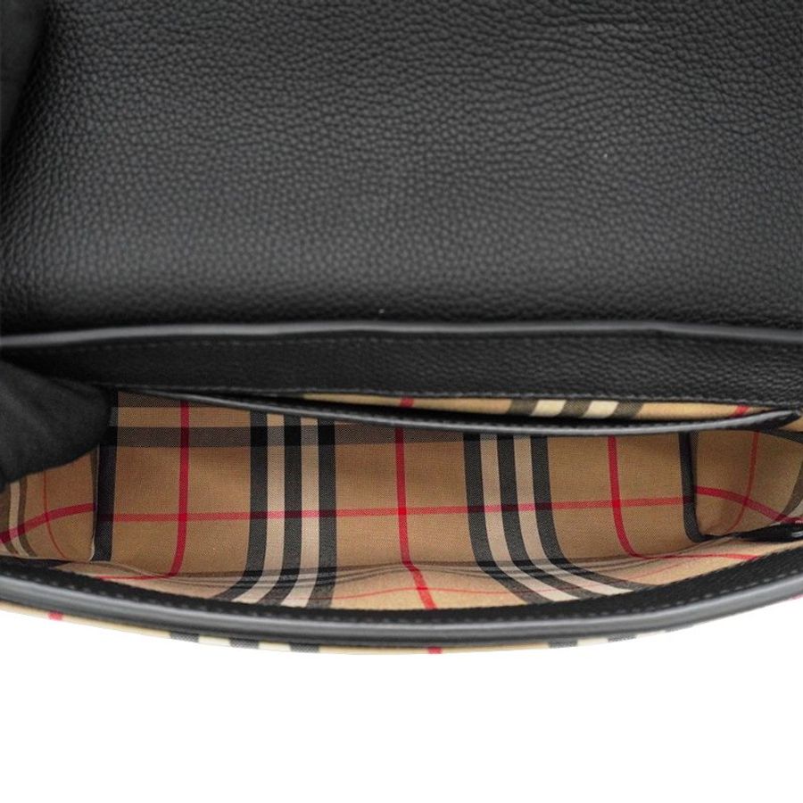 Burberry 展示品 Vintage 格纹拼皮革 Note 斜背包-中款(8021110-黑)-4
