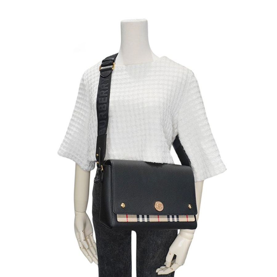 Burberry 展示品 Vintage 格纹拼皮革 Note 斜背包-中款(8021110-黑)-5