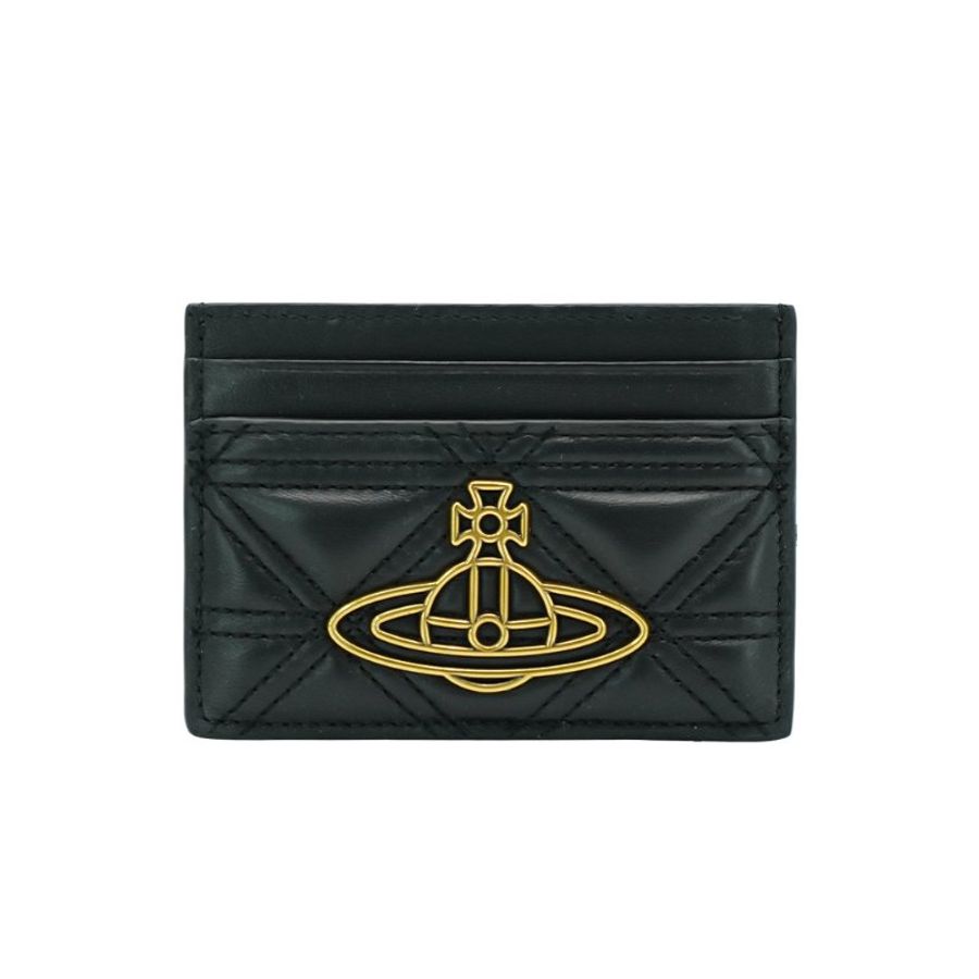 Vivienne Westwood 絎縫皮革金土星logo四卡卡夾(黑)-0