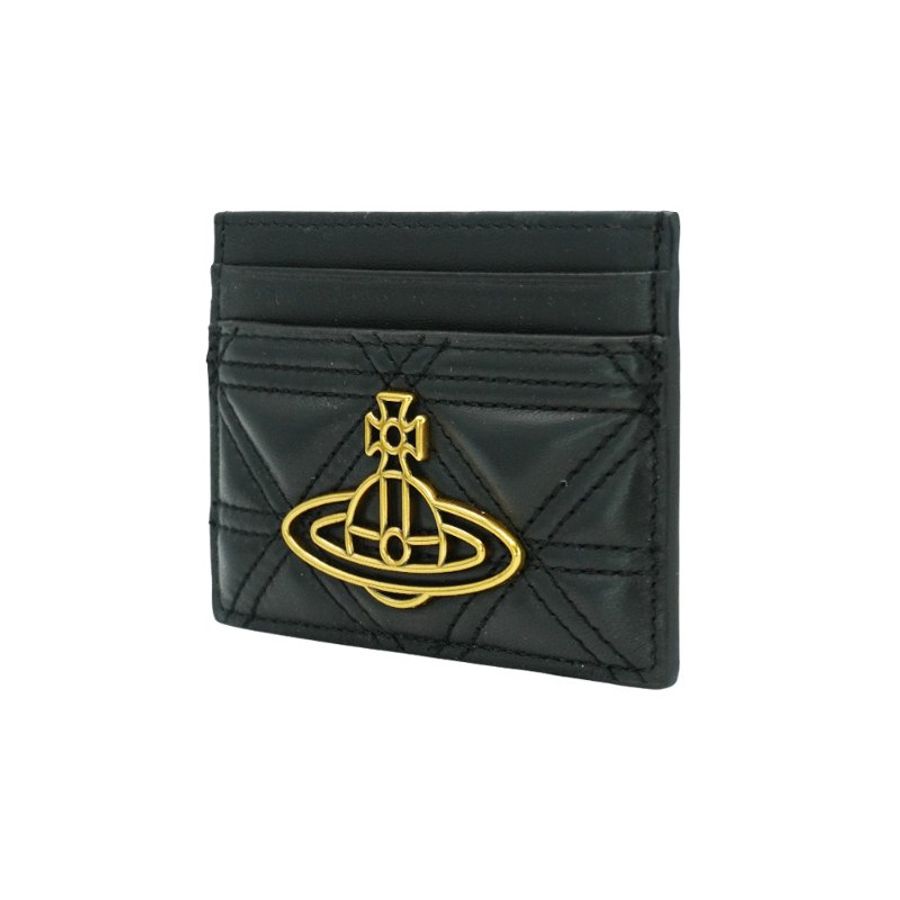 Vivienne Westwood 絎縫皮革金土星logo四卡卡夾(黑)-1