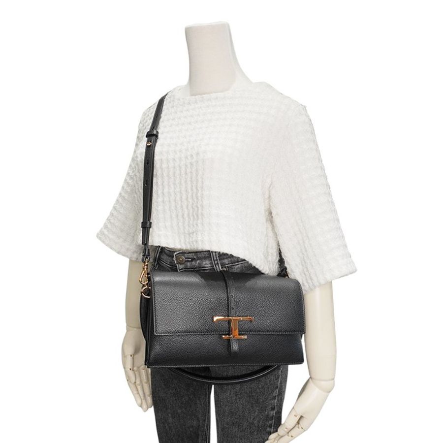 Tod'S T Timeless 小牛皮翻蓋三層迷你二用包(黑)-7