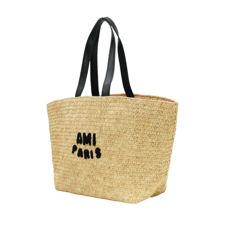 Ami 立體黑logo草編肩背托特包(米/黑)-2
