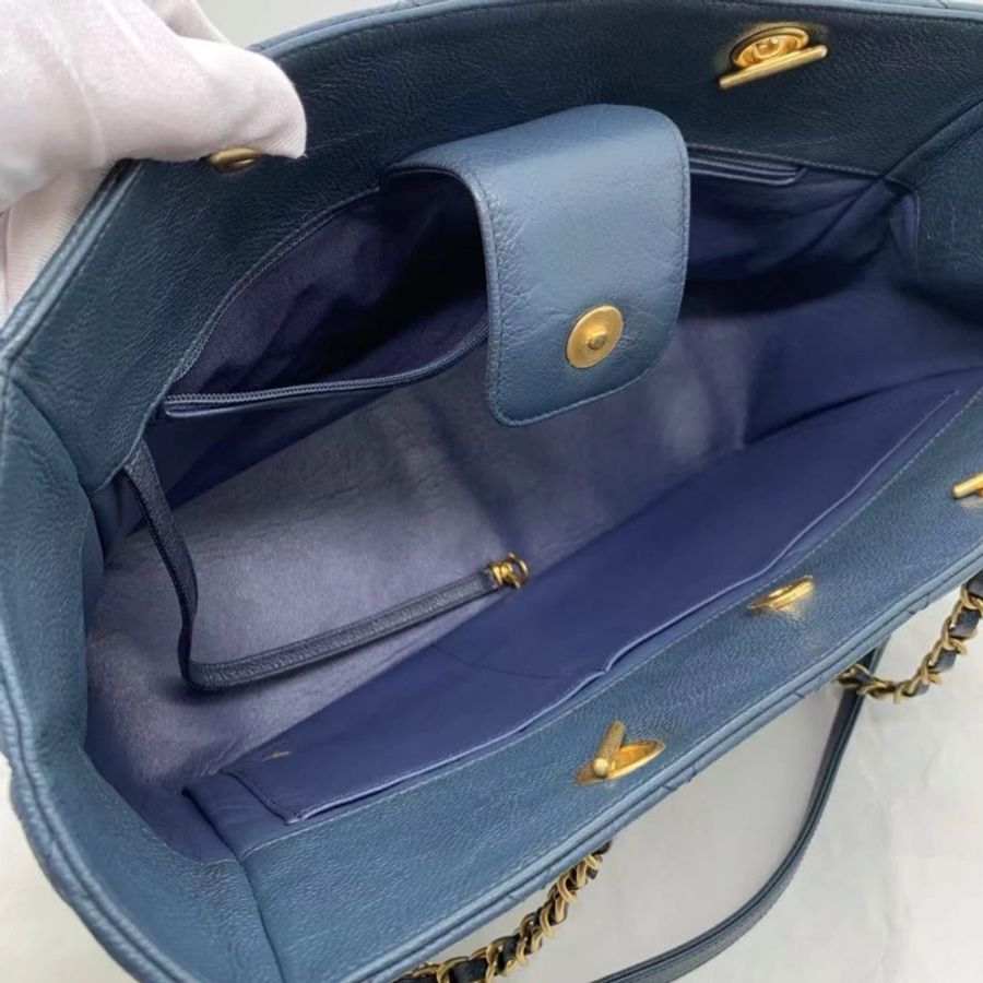 CHANEL 香奈兒 海軍藍小牛皮鏈條單肩包 海軍藍手提包-4