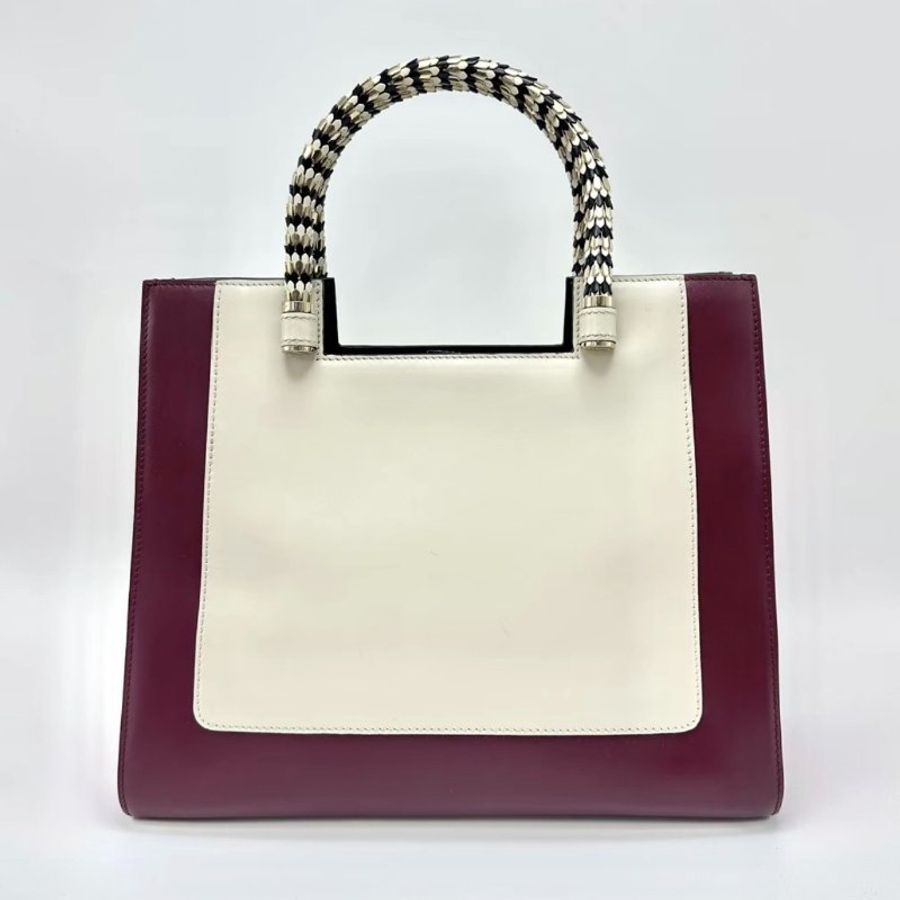 BVLGARI 米色酒紅拼色限量金屬手柄手提肩背包 31*26*13.5 98新配件塵袋-1