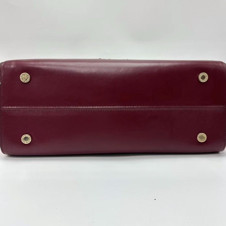 BVLGARI 米色酒紅拼色限量金屬手柄手提肩背包 31*26*13.5 98新配件塵袋-3