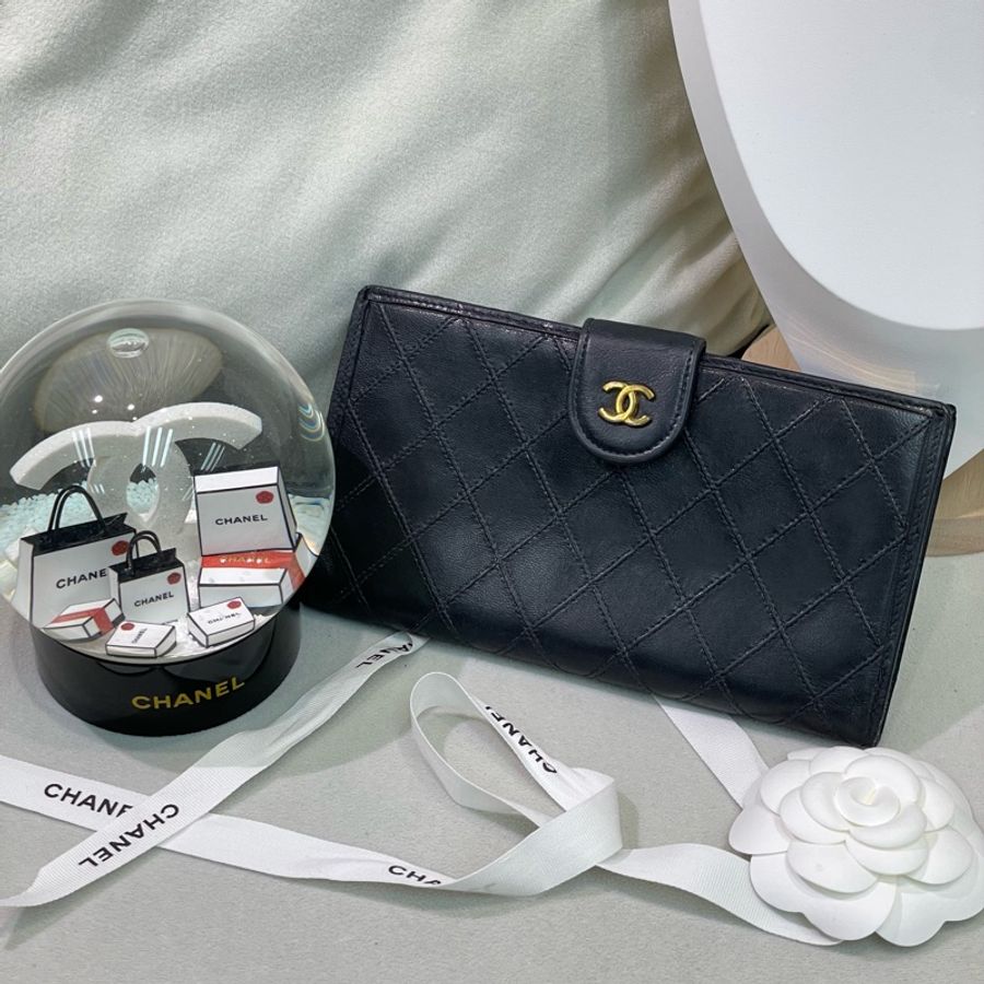 Chanel 香奈兒 中古黑色菱格長夾 XB345-0