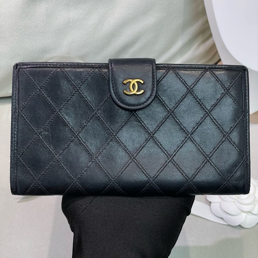 Chanel 香奈兒 中古黑色菱格長夾 XB345-1