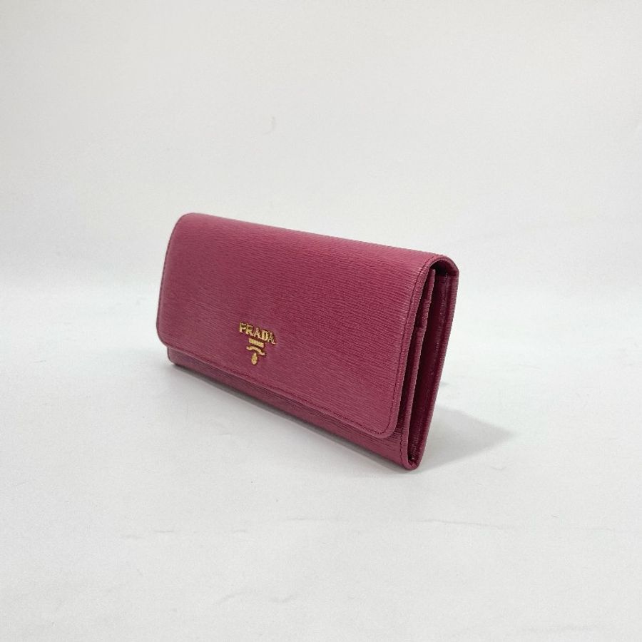 Prada 莓紅色牛皮金釦10卡下蓋長夾-5