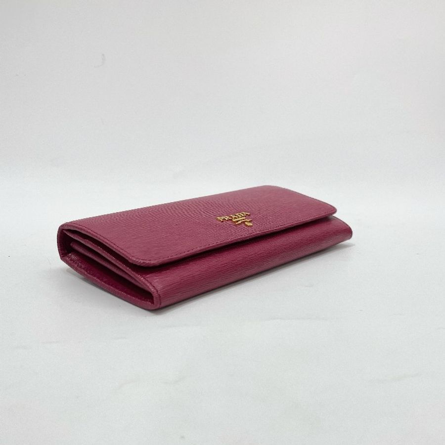 Prada 莓紅色牛皮金釦10卡下蓋長夾-7