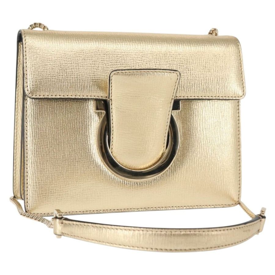【日本直送】Salvatore Ferragamo Gancini 鏈條肩包 皮革 金色 正品 142823-0