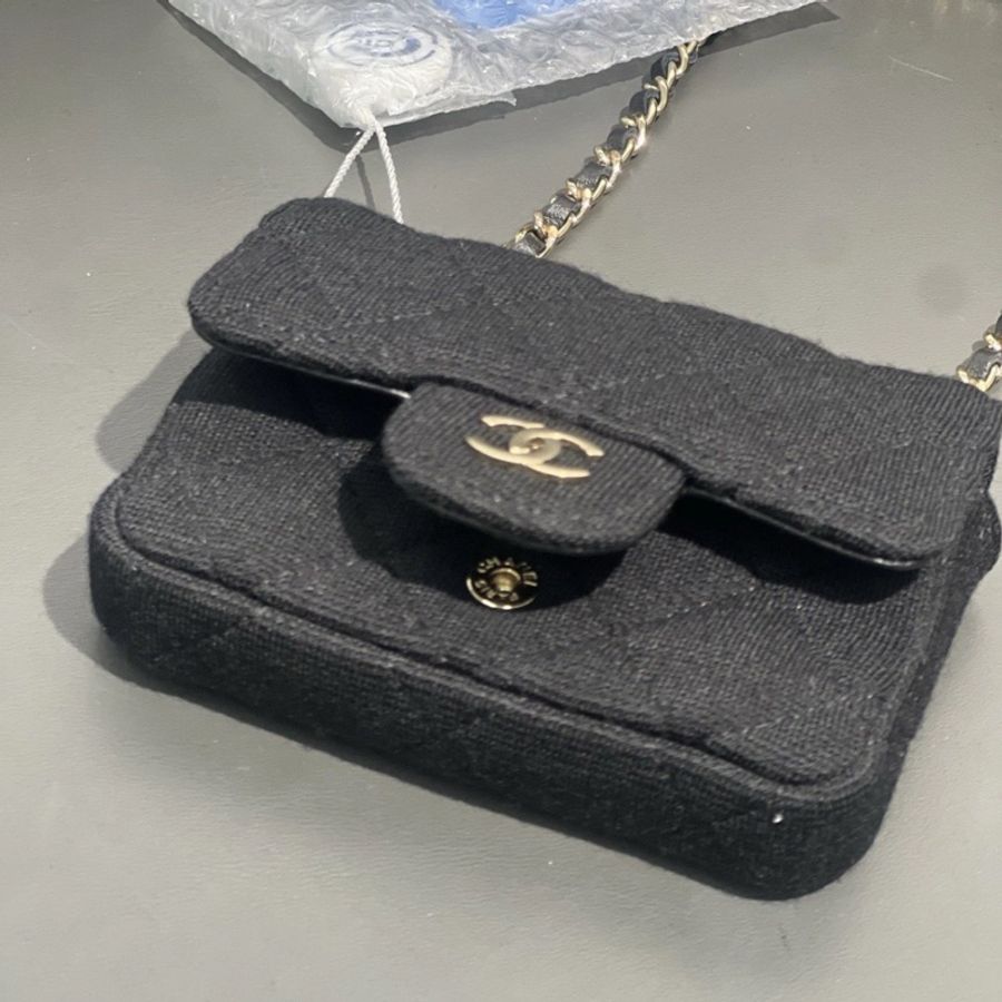 CHANEL 鏈條腰帶單肩包錢包迷你 斜挎包 Matrasse 黑色帆布-1