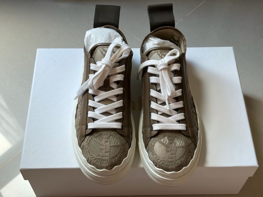 Chloé Woody 織布厚底休閒鞋 米咖色 37號 絕版-0