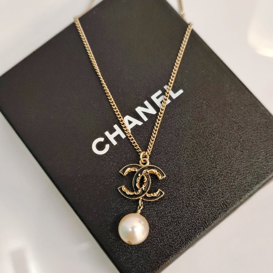 MS0346 Chanel 香奈兒 項鍊 珍珠 熔岩 邊緣 黑淡金 CC Logo Pearl Black x LGHW Necklace-2