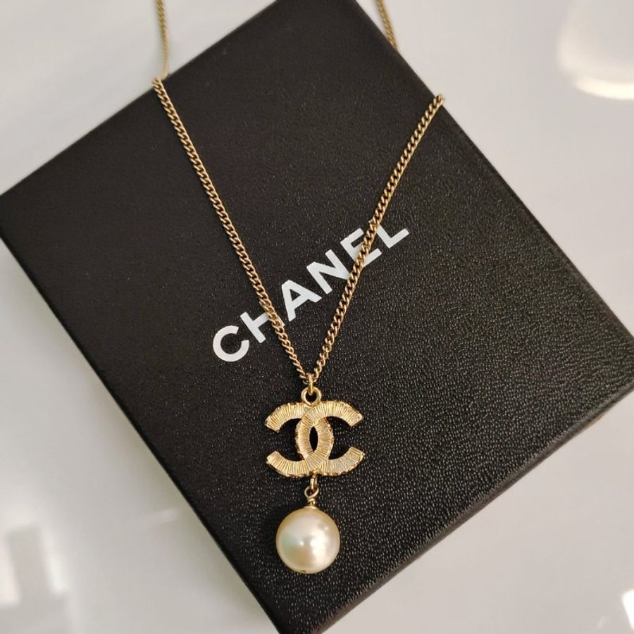 MS0346 Chanel 香奈兒 項鍊 珍珠 熔岩 邊緣 黑淡金 CC Logo Pearl Black x LGHW Necklace-3