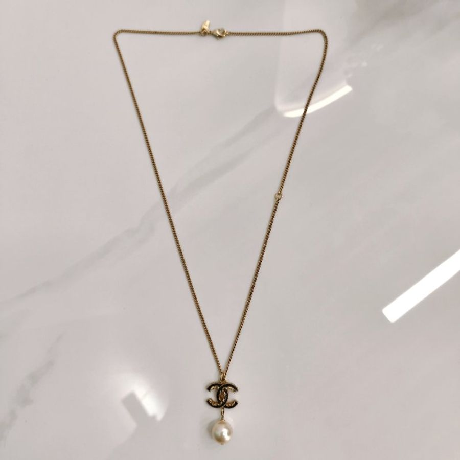 MS0346 Chanel 香奈兒 項鍊 珍珠 熔岩 邊緣 黑淡金 CC Logo Pearl Black x LGHW Necklace-5