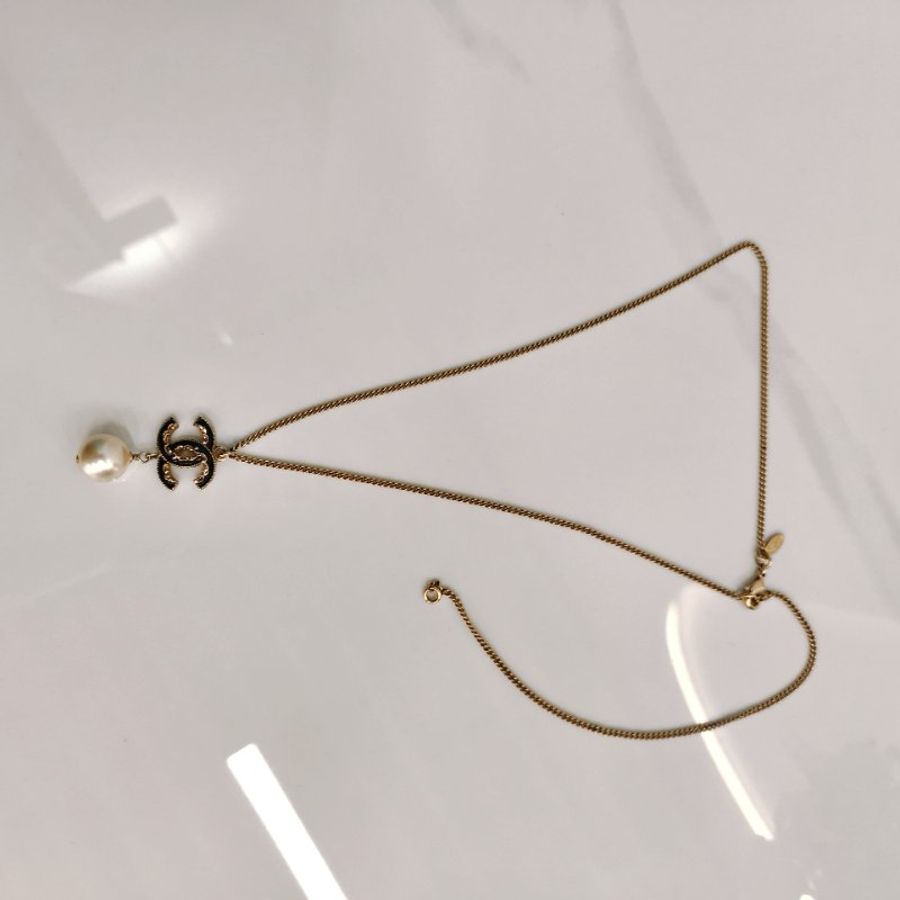 MS0346 Chanel 香奈兒 項鍊 珍珠 熔岩 邊緣 黑淡金 CC Logo Pearl Black x LGHW Necklace-6