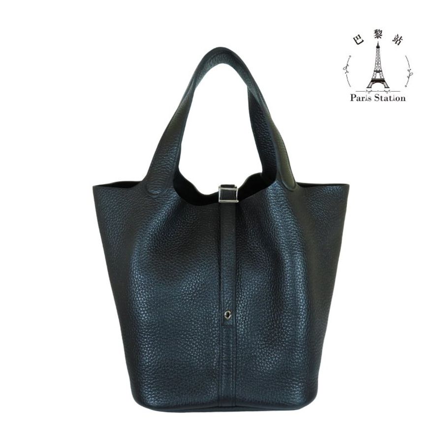 【巴黎站二手名牌專賣店】*現貨*HERMES 愛馬仕 真品*Y刻 PICOTIN 22黑色牛皮銀釦手提包 菜籃子-0