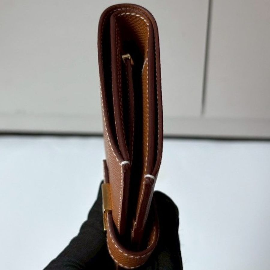Hermes 金釦棕色皮bearn H 中夾-7