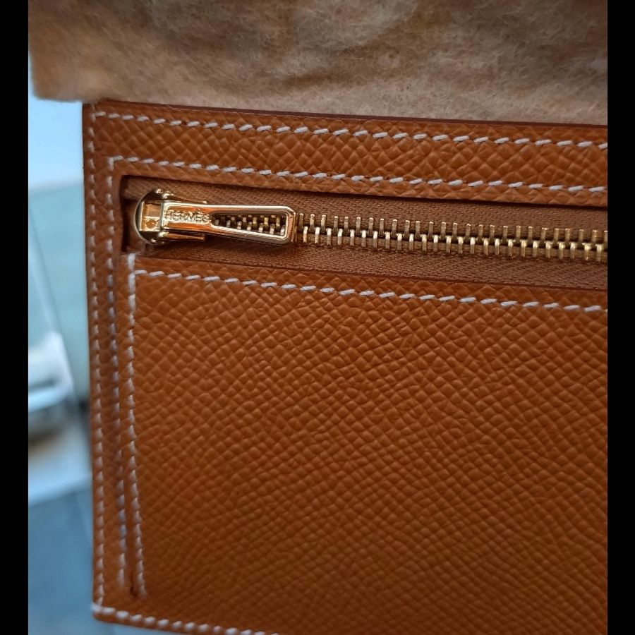 Hermes 金釦棕色皮bearn H 中夾-19