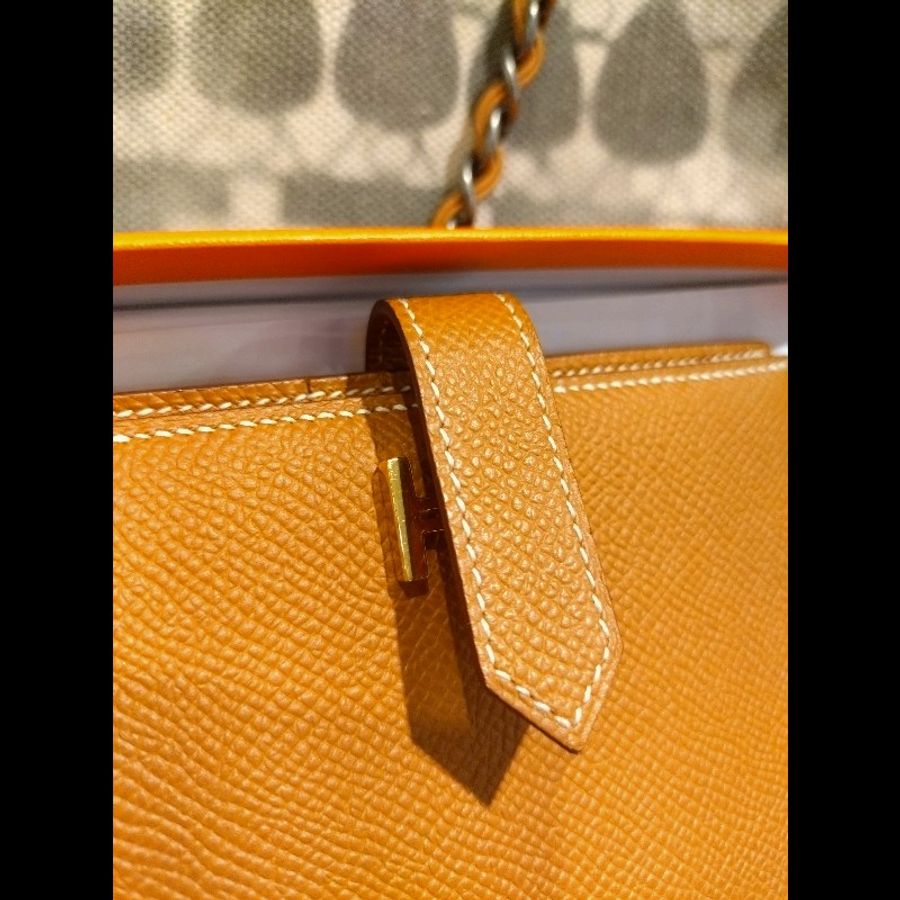 Hermes 金釦棕色皮bearn H 中夾-21