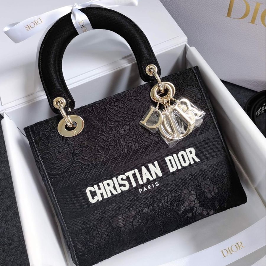 Dior 迪奧 戴妃五格 黑色蕾絲太陽女神刺繡 金扣 24編碼-1