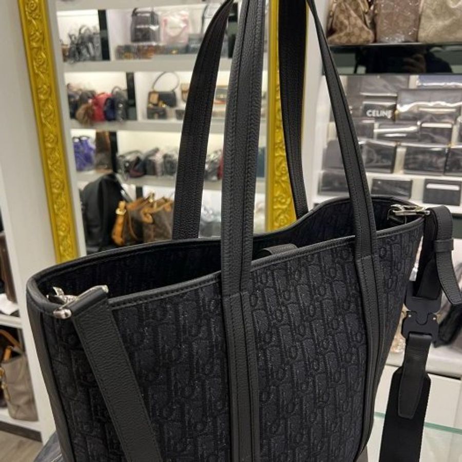 ㊣東區正精品㊣Christian Dior CD 黑色字紋老花丹寧織布金屬釦手提包斜背包肩背包購物袋 RZ5145-4