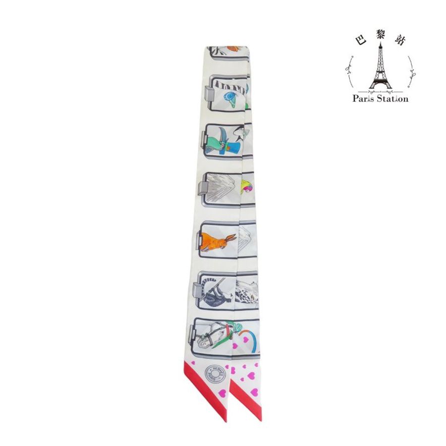 【巴黎站二手名牌專賣店】*全新現貨*HERMES 愛馬仕 真品*Story白底動物方格絲巾TWILLY 單條-0