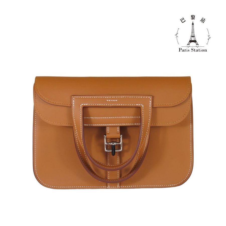 【巴黎站二手名牌專賣店】*全新現貨*HERMES 愛馬仕 真品*W刻MINI HALZAN金棕色銀釦斜背肩背包-0