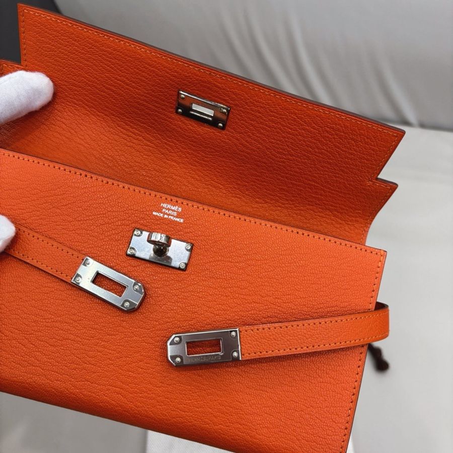 🌈Hermes🧡Kelly Wallet🧡橙色銀扣🌟99.5新🌟山羊皮🌟長銀包🌟-1