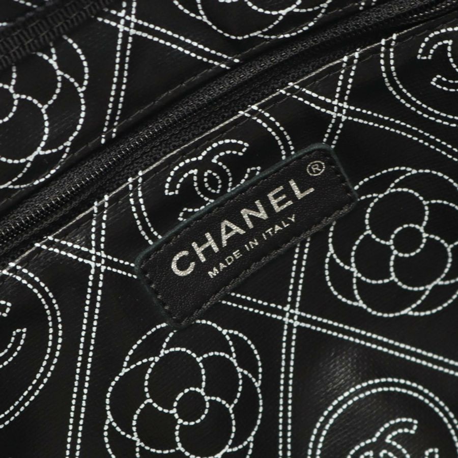 CHANEL COCO Camelia 單肩包 塗佈帆布 皮革 黑色 米色 二手 SHW-3