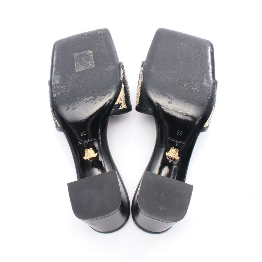 范思哲 (VERSACE) Logo 高跟涼鞋穆勒鞋,黑色/米色皮革面料,36 碼,二手女鞋-3