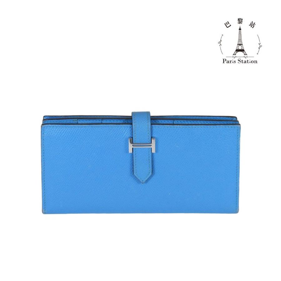 【巴黎站二手名牌專賣店】*現貨*HERMES 愛馬仕 真品*T刻Bearn Soufflet藍色牛皮銀色H釦對折長夾-0