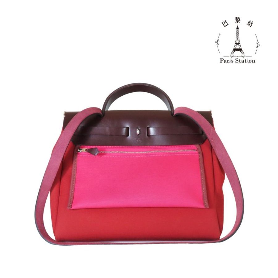 【巴黎站二手名牌專賣店】*現貨*HERMES 愛馬仕 真品*U刻HERBAG31磚紅色帆布咖啡色皮革手提肩背包-1