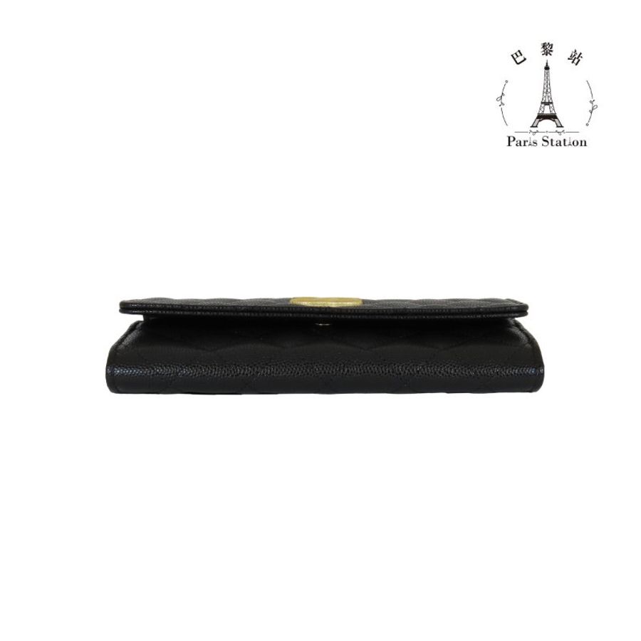 【巴黎站二手名牌專賣店】*全新現貨*CHANEL 香奈兒 真品*經典黑荔枝皮革金絲紋大雙C釦式中夾-4